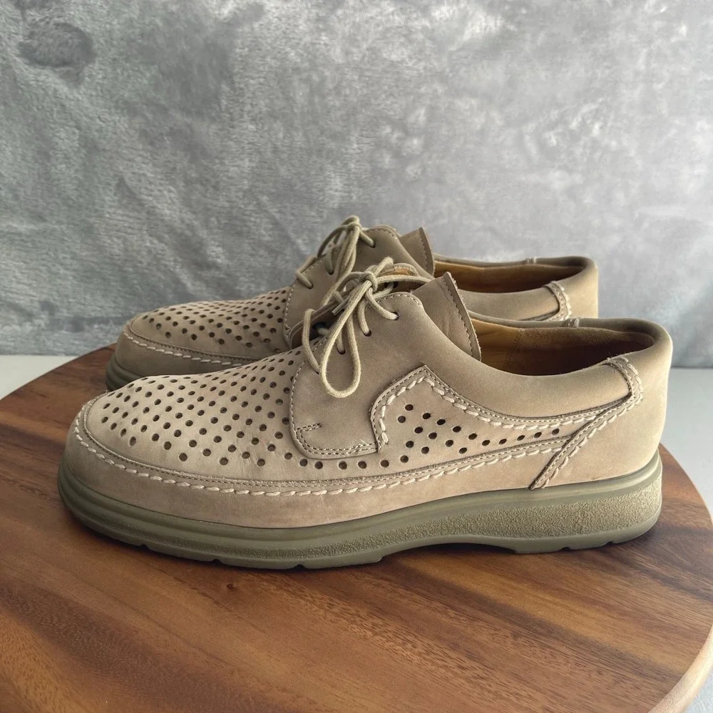 MANZ Shoes UK 7.5 G Beige Tan‎ Suede Perforated Lace Up Comfort Oxford Germany